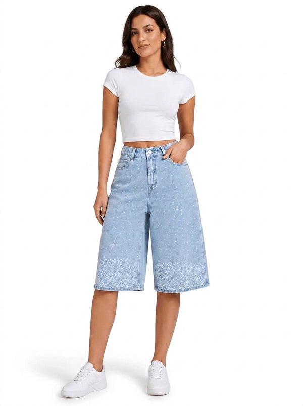 Damen Bermuda-Shorts mit hoher Taille und Strasssteinen-Shorts for women-Alpenkind