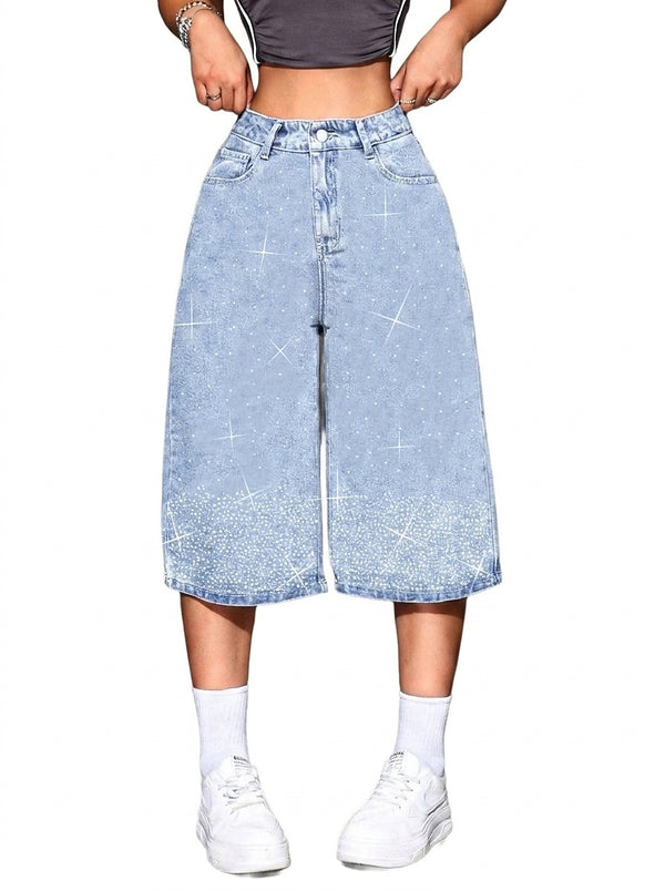 Damen Bermuda-Shorts mit hoher Taille und Strasssteinen-Shorts for women-Alpenkind