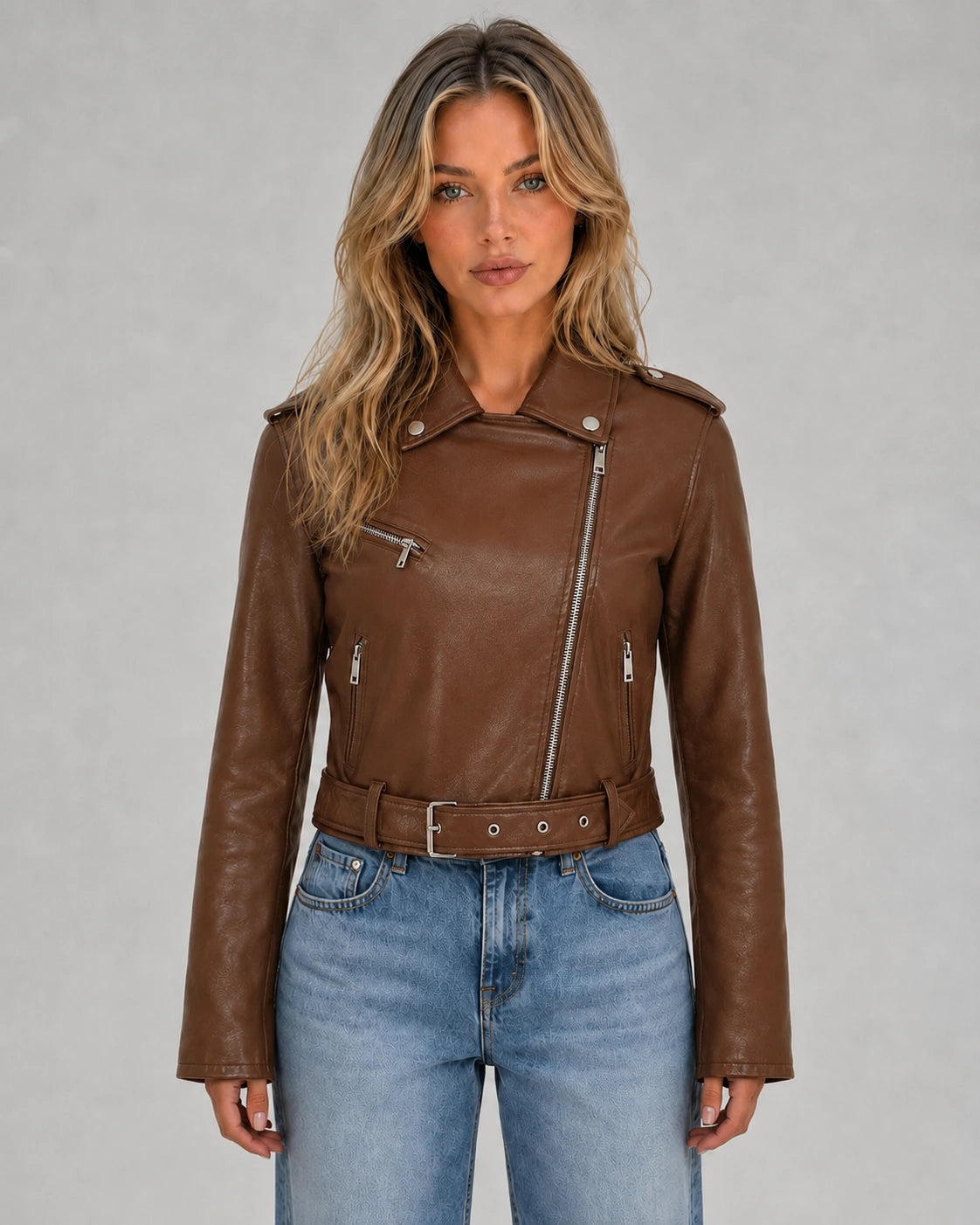 Damen-Bikerjacke mit asymmetrischem Reißverschluss und Gürtel-Jacket for women-Alpenkind