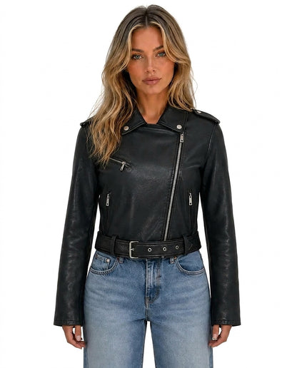 Damen-Bikerjacke mit asymmetrischem Reißverschluss und Gürtel-Jacket for women-Alpenkind