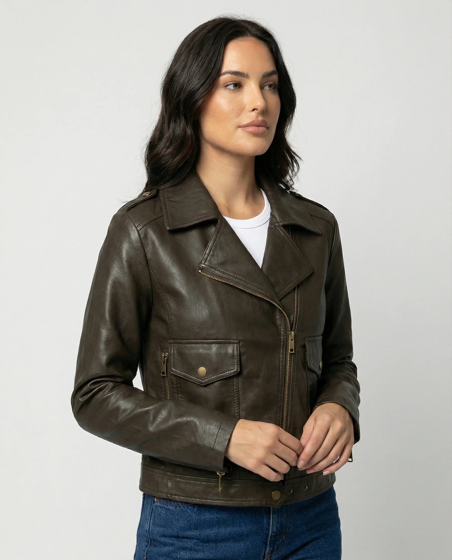 Damen Bikerjacke mit Schrägem Reißverschluss und Reverskragen