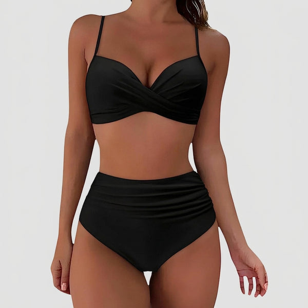 Damen-Bikini mit gekreuztem Oberteil und hoch geschnittener Hose mit Raffungen-Swimwear for women-Alpenkind