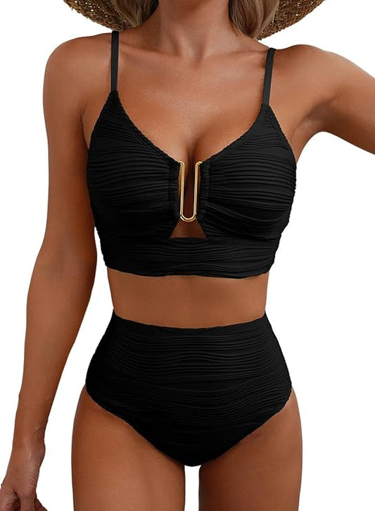 Damen-Bikini mit strukturierter Oberfläche und U-förmigem Metallelement-Swimwear for women-Alpenkind