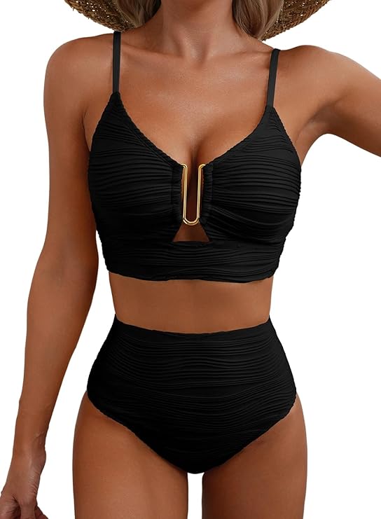 Damen-Bikini mit strukturierter Oberfläche und U-förmigem Metallelement-Swimwear for women-Alpenkind