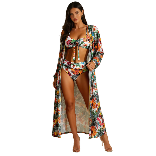 Damen-Bikini-Set mit Bindedetail, High-Waist-Hose und langem Überwurf-Swimwear for women-Alpenkind