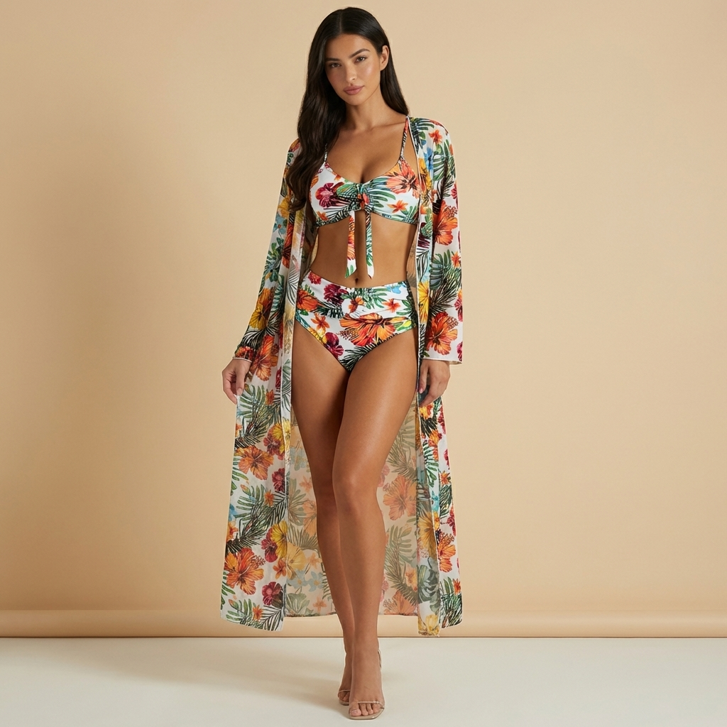 Damen-Bikini-Set mit Bindedetail, High-Waist-Hose und langem Überwurf-Swimwear for women-Alpenkind