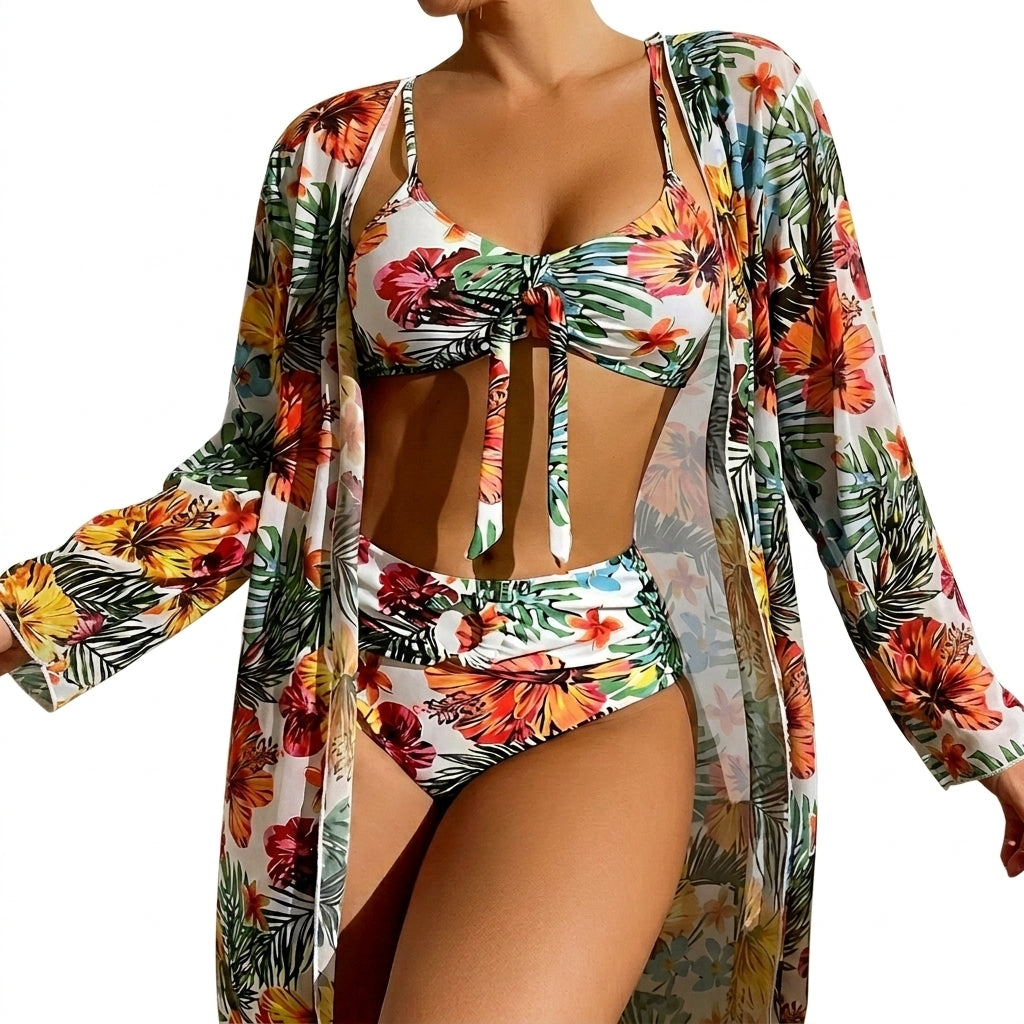 Damen-Bikini-Set mit Bindedetail, High-Waist-Hose und langem Überwurf-Swimwear for women-Alpenkind