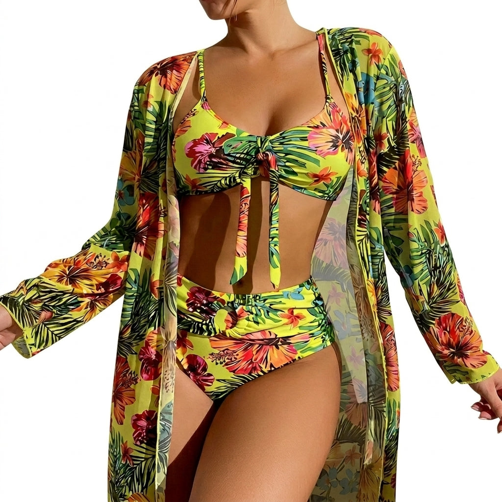 Damen-Bikini-Set mit Bindedetail, High-Waist-Hose und langem Überwurf-Swimwear for women-Alpenkind