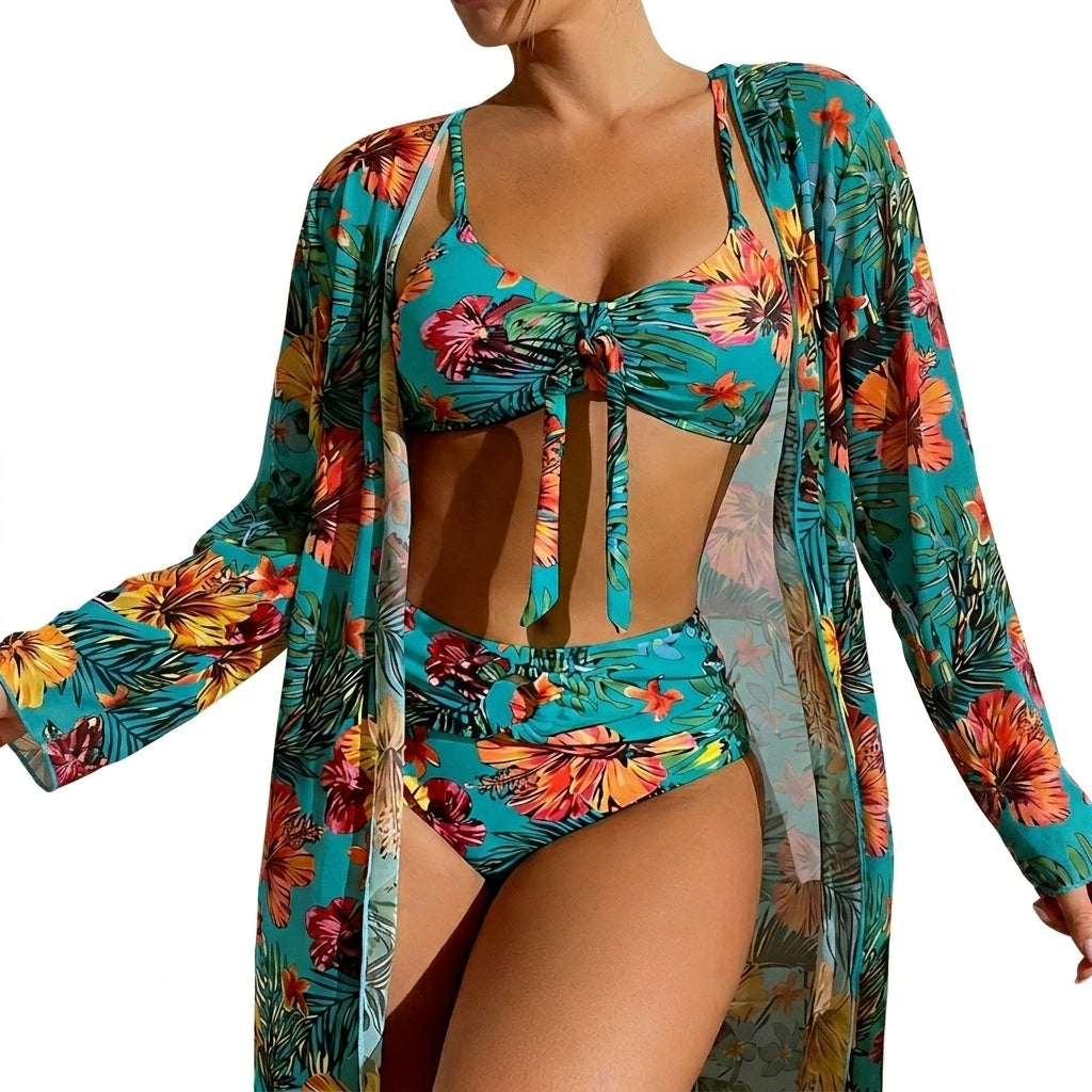 Damen-Bikini-Set mit Bindedetail, High-Waist-Hose und langem Überwurf-Swimwear for women-Alpenkind