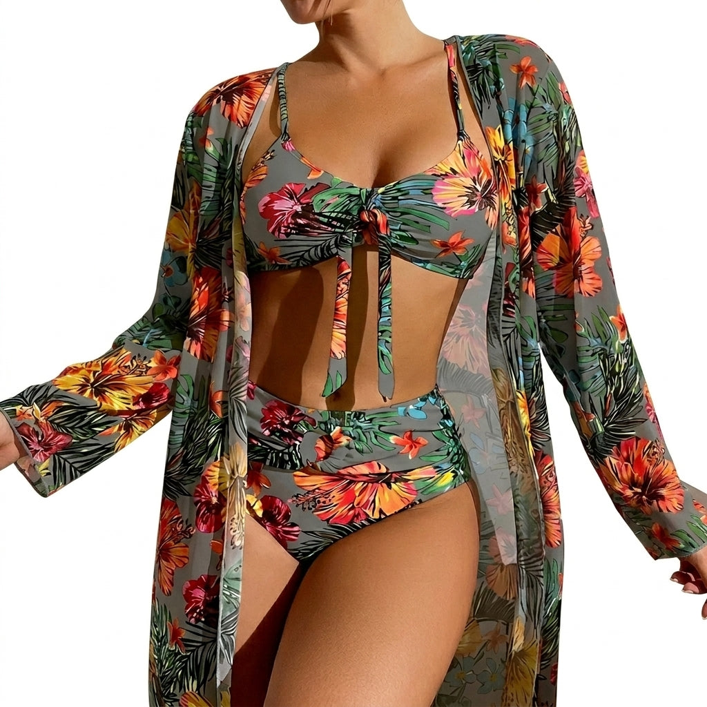 Damen-Bikini-Set mit Bindedetail, High-Waist-Hose und langem Überwurf-Swimwear for women-Alpenkind