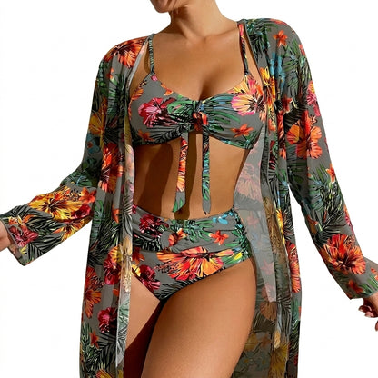 Damen-Bikini-Set mit Bindedetail, High-Waist-Hose und langem Überwurf-Swimwear for women-Alpenkind