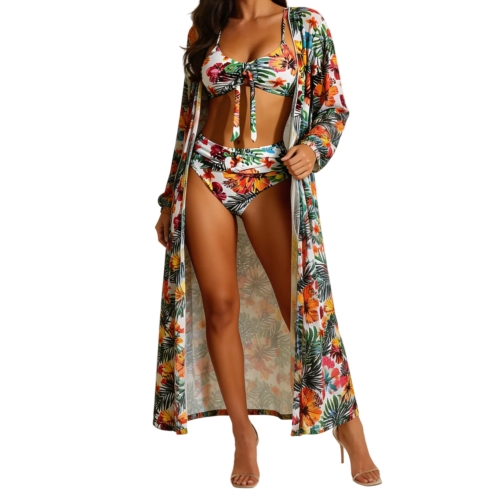 Damen-Bikini-Set mit Bindedetail, High-Waist-Hose und langem Überwurf-Swimwear for women-Alpenkind