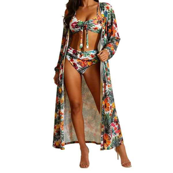 Damen-Bikini-Set mit Bindedetail, High-Waist-Hose und langem Überwurf-Swimwear for women-Alpenkind
