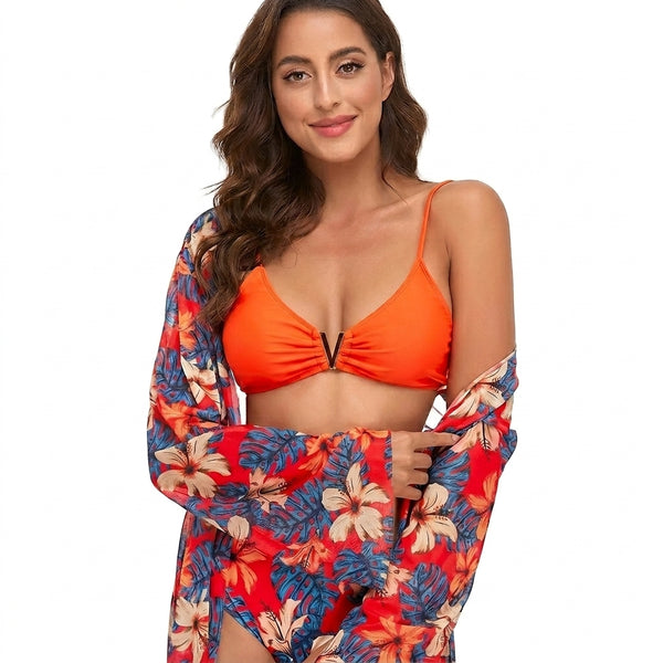 Damen Bikini Set mit floralem Überwurf und V förmigem Metallelement-Swimwear for women-Alpenkind