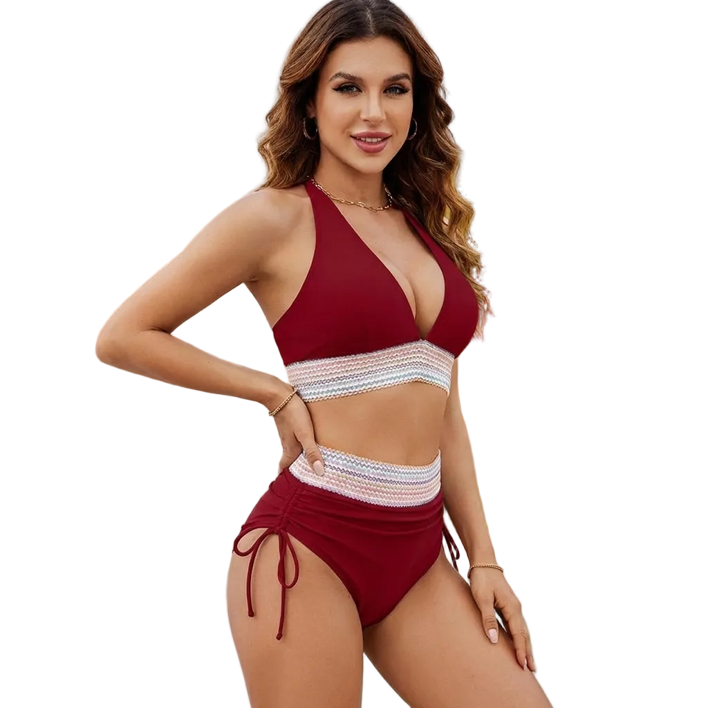 Damen-Bikini-Set mit Halterneck-Oberteil und hoch taillierter Hose mit seitlicher Raffung-Swimwear for women-Alpenkind