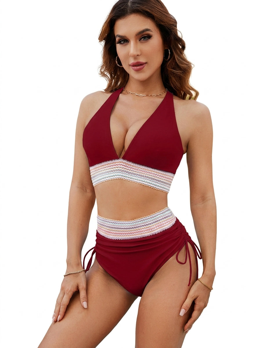 Damen-Bikini-Set mit Halterneck-Oberteil und hoch taillierter Hose mit seitlicher Raffung-Swimwear for women-Alpenkind