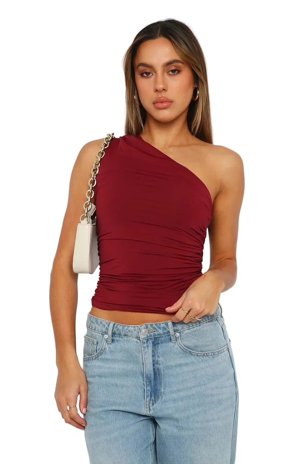 Damen-Bluse mit einseitiger Schulter und Raffungen-Blouse for women-Alpenkind
