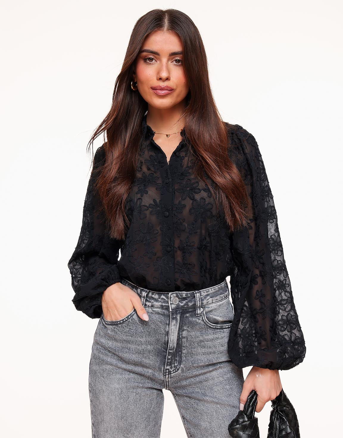Damen-Bluse mit floraler Stickerei, transparentem Gewebe und Ballonärmeln-Blouse for women-Alpenkind