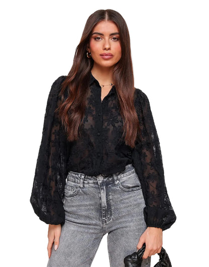 Damen-Bluse mit floraler Stickerei, transparentem Gewebe und Ballonärmeln-Blouse for women-Alpenkind