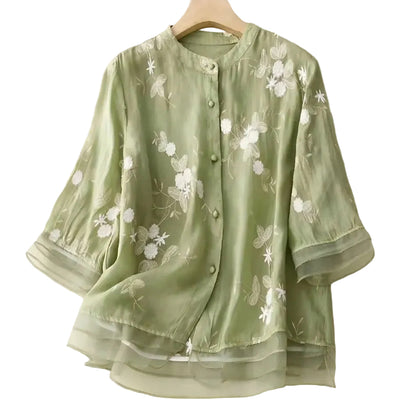 Damen Bluse mit Knopfleiste, Rundhalsausschnitt und floraler Struktur-Women blouse-Alpenkind