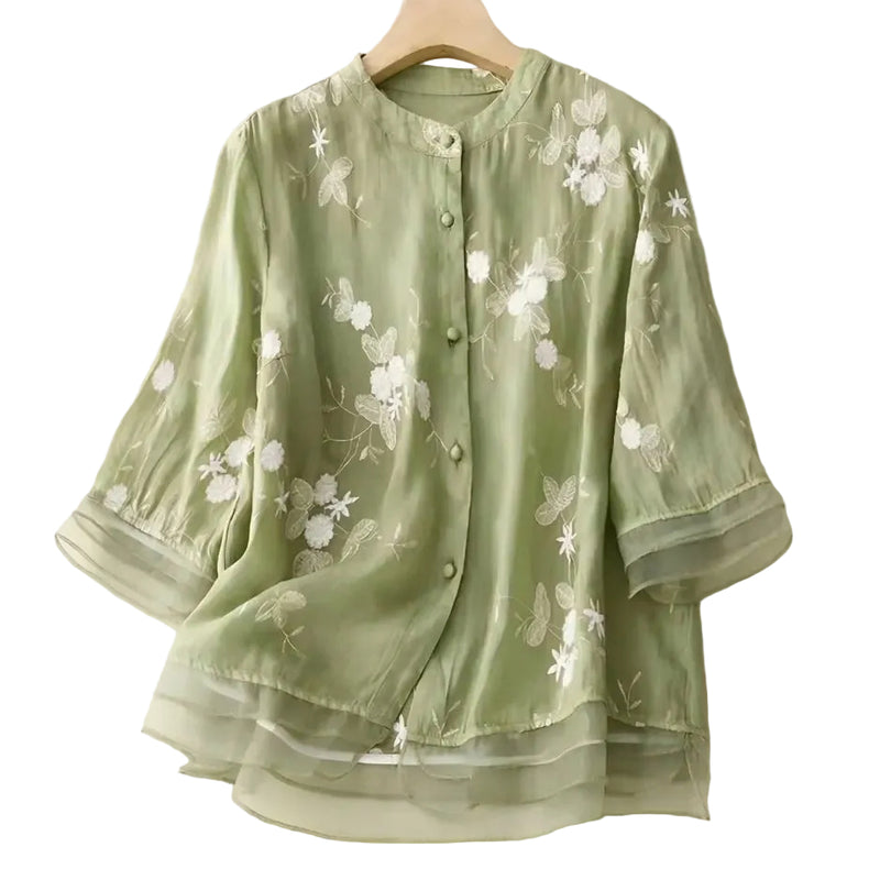 Damen Bluse mit Knopfleiste, Rundhalsausschnitt und floraler Struktur