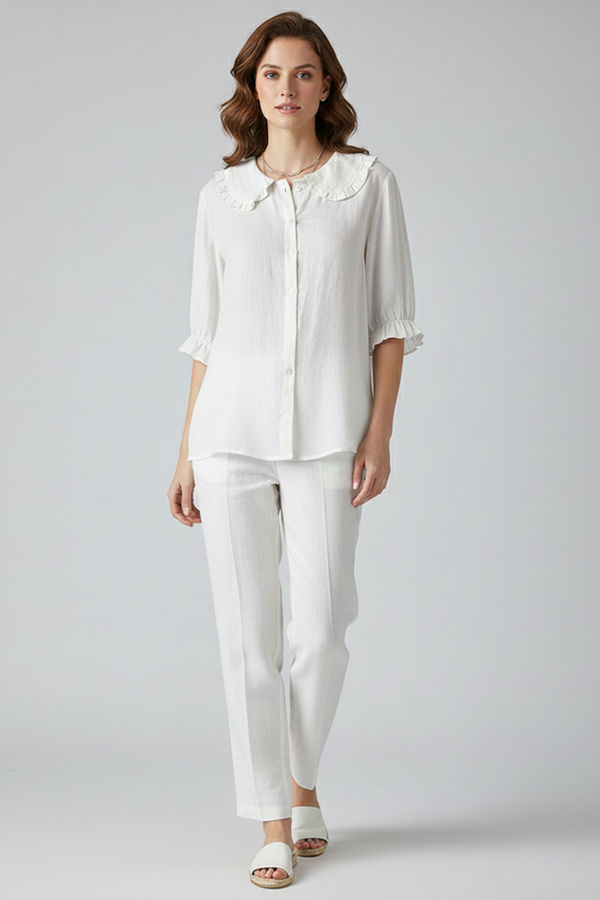 Damen Bluse mit Knopfleiste, Rundkragen und gerafften Ärmeln-Shirts for women-Alpenkind