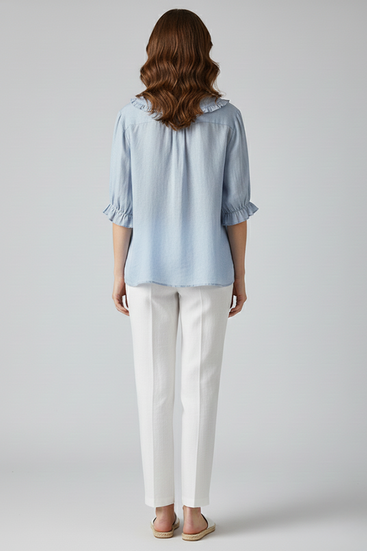 Damen Bluse mit Knopfleiste, Rundkragen und gerafften Ärmeln-Shirts for women-Alpenkind