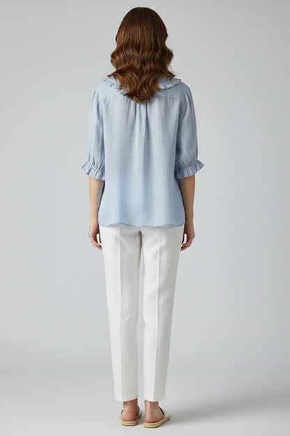 Damen Bluse mit Knopfleiste, Rundkragen und gerafften Ärmeln-Shirts for women-Alpenkind