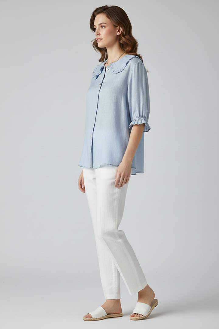 Damen Bluse mit Knopfleiste, Rundkragen und gerafften Ärmeln-Shirts for women-Alpenkind