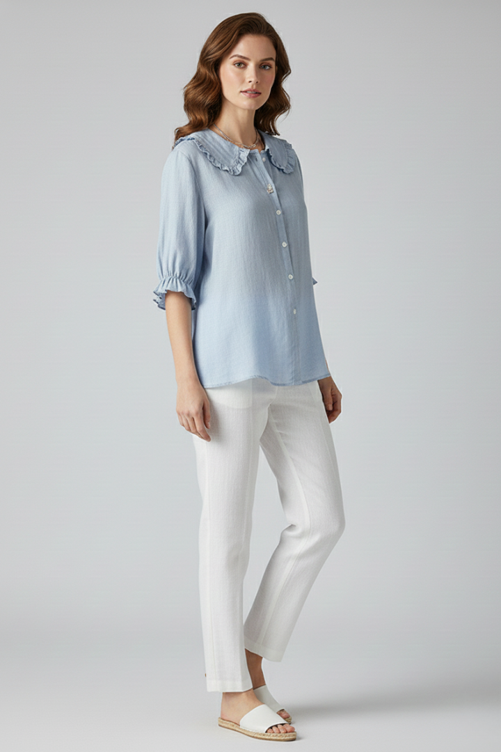 Damen Bluse mit Knopfleiste, Rundkragen und gerafften Ärmeln-Shirts for women-Alpenkind
