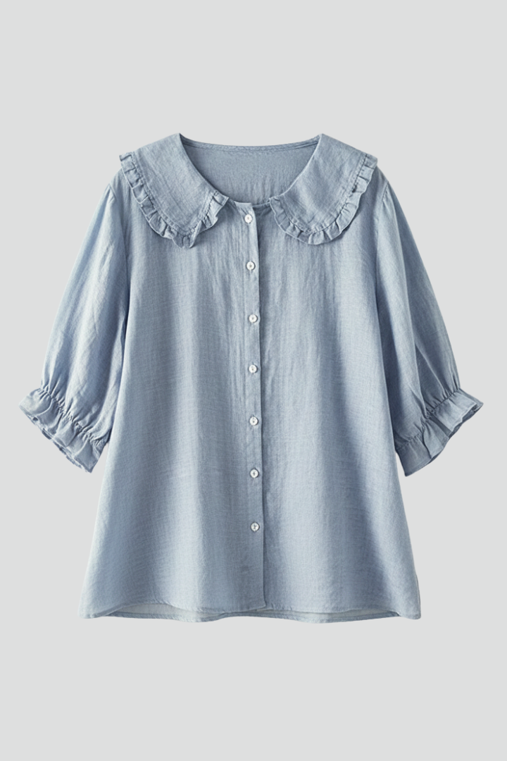Damen Bluse mit Knopfleiste, Rundkragen und gerafften Ärmeln-Shirts for women-Alpenkind