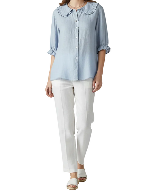 Damen Bluse mit Knopfleiste, Rundkragen und gerafften Ärmeln-Shirts for women-Alpenkind