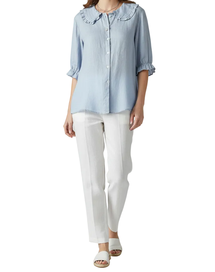 Damen Bluse mit Knopfleiste, Rundkragen und gerafften Ärmeln