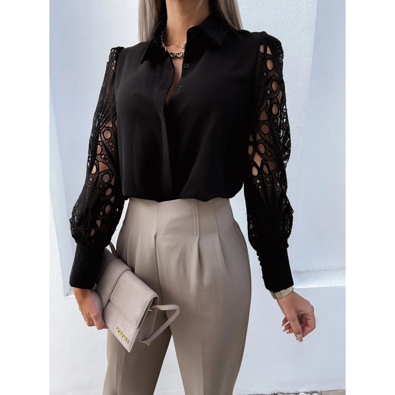 Damen-Bluse mit Knopfleiste und Ärmeln mit Durchbruchmuster-Women blouse-Alpenkind