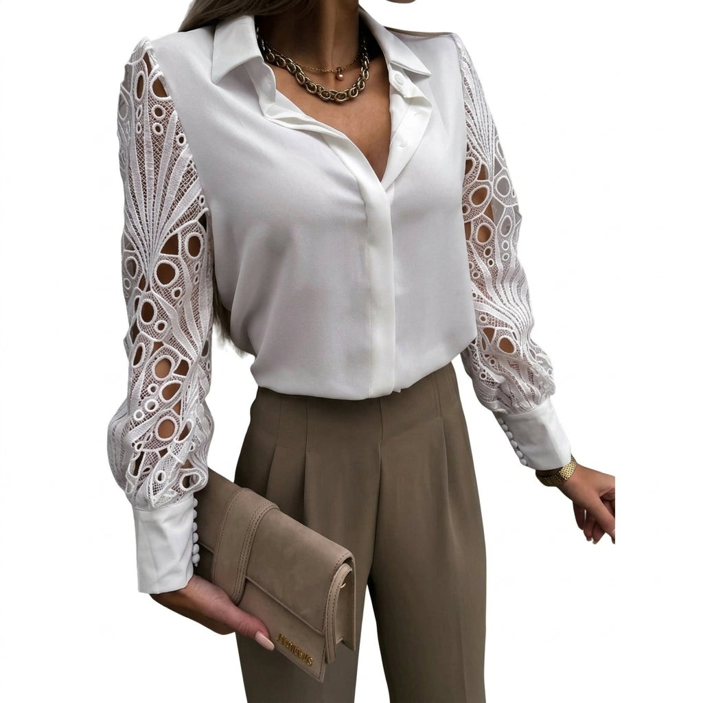 Damen-Bluse mit Knopfleiste und Ärmeln mit Durchbruchmuster-Women blouse-Alpenkind