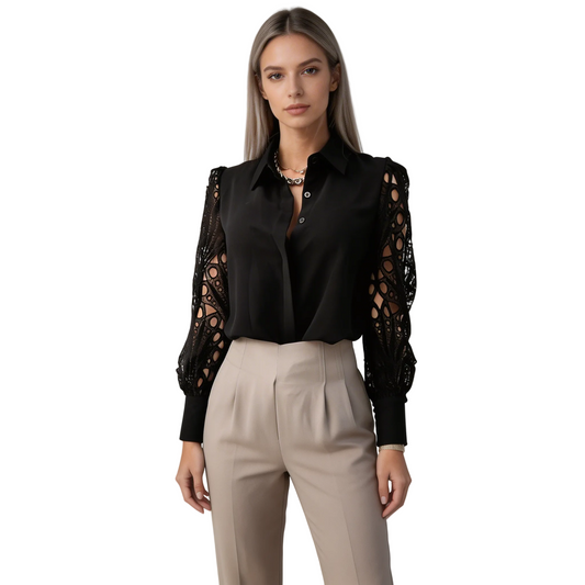 Damen-Bluse mit Knopfleiste und Ärmeln mit Durchbruchmuster-Women blouse-Alpenkind