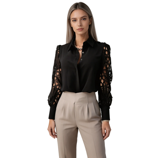 Damen-Bluse mit Knopfleiste und Ärmeln mit Durchbruchmuster-Women blouse-Alpenkind
