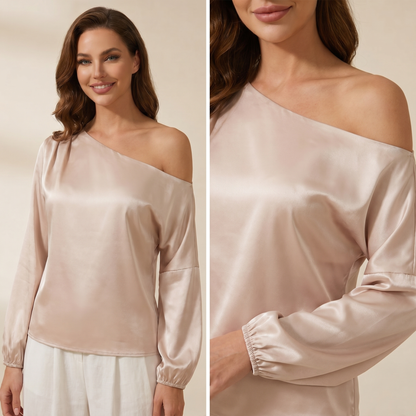 Damen-Bluse mit One-Shoulder-Ausschnitt und Ballonärmeln-Blouse for women-Alpenkind