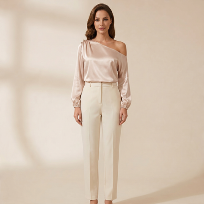 Damen-Bluse mit One-Shoulder-Ausschnitt und Ballonärmeln-Blouse for women-Alpenkind