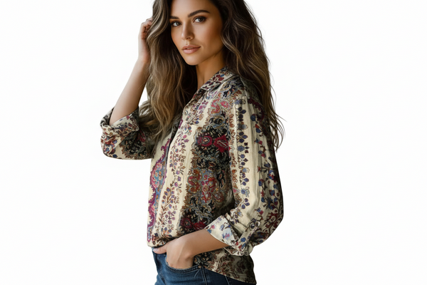 Damen Bluse mit Ornamentdruck und Knopfleiste-Shirts for women-Alpenkind
