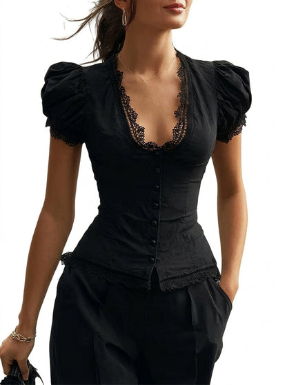 Damen Bluse mit Puffärmeln und Spitzenbesatz sowie Knopfleiste-Blouses for women-Alpenkind