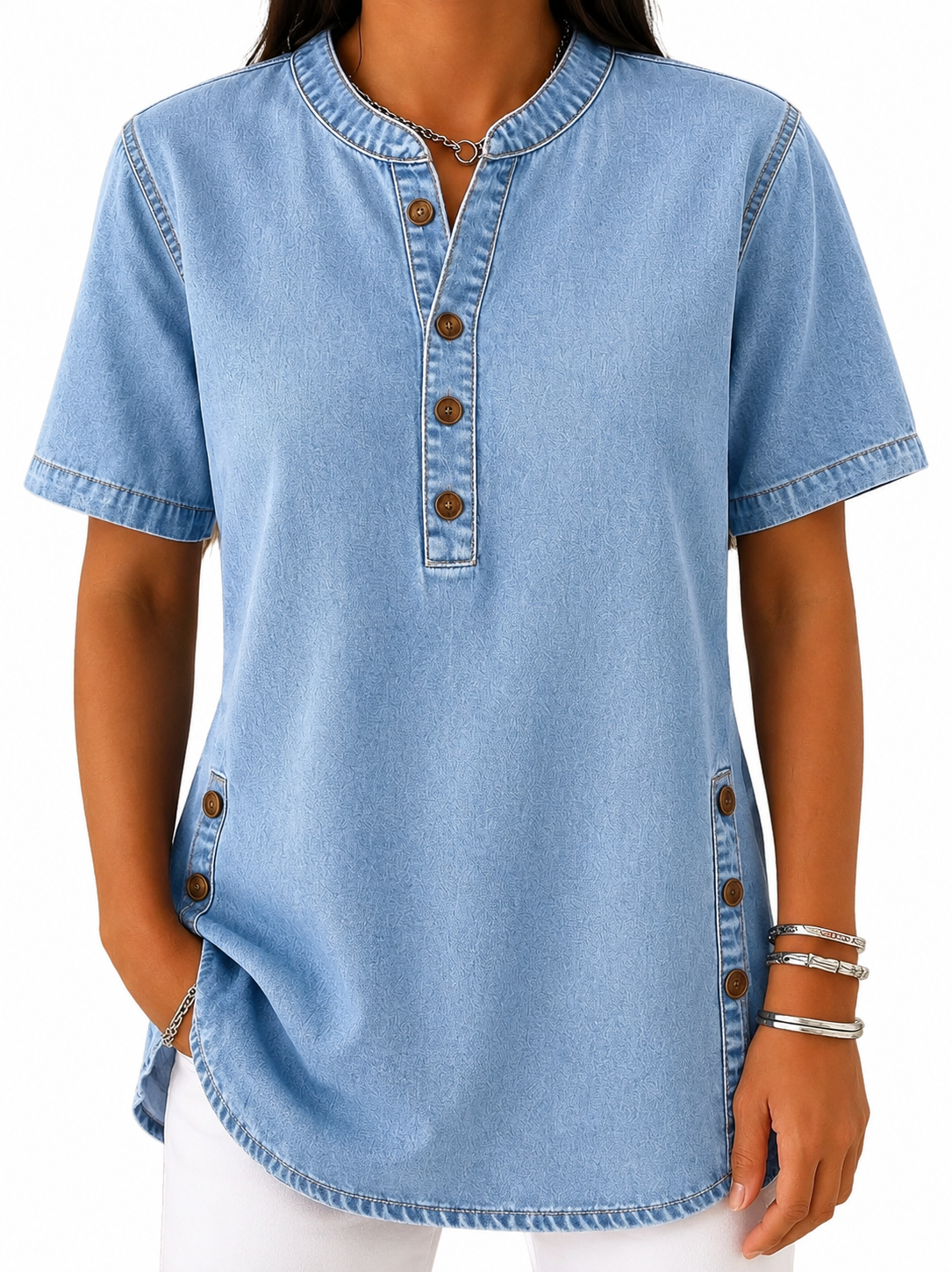 Damen Bluse mit Rundhalsausschnitt und Knopfleiste-Blouses for women-Alpenkind