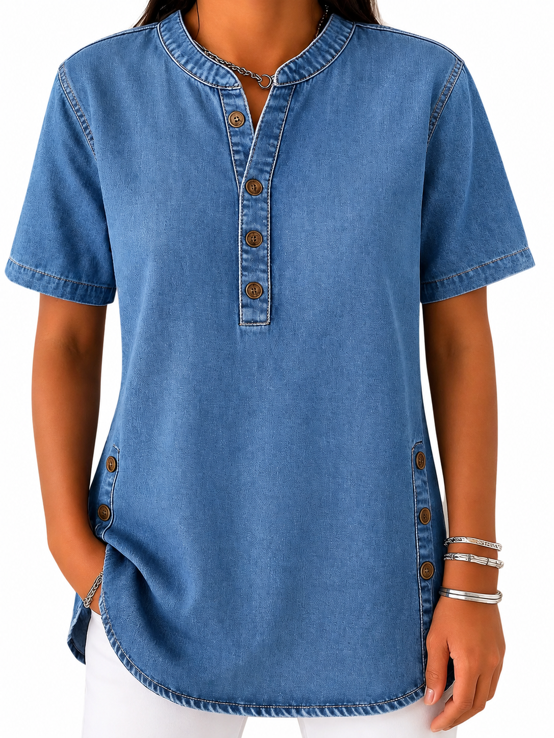 Damen Bluse mit Rundhalsausschnitt und Knopfleiste-Blouses for women-Alpenkind