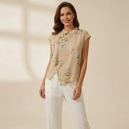 Damen-Bluse mit Stehkragen, asymmetrischer Knopfleiste und floralem Muster-Blouse for women-Alpenkind