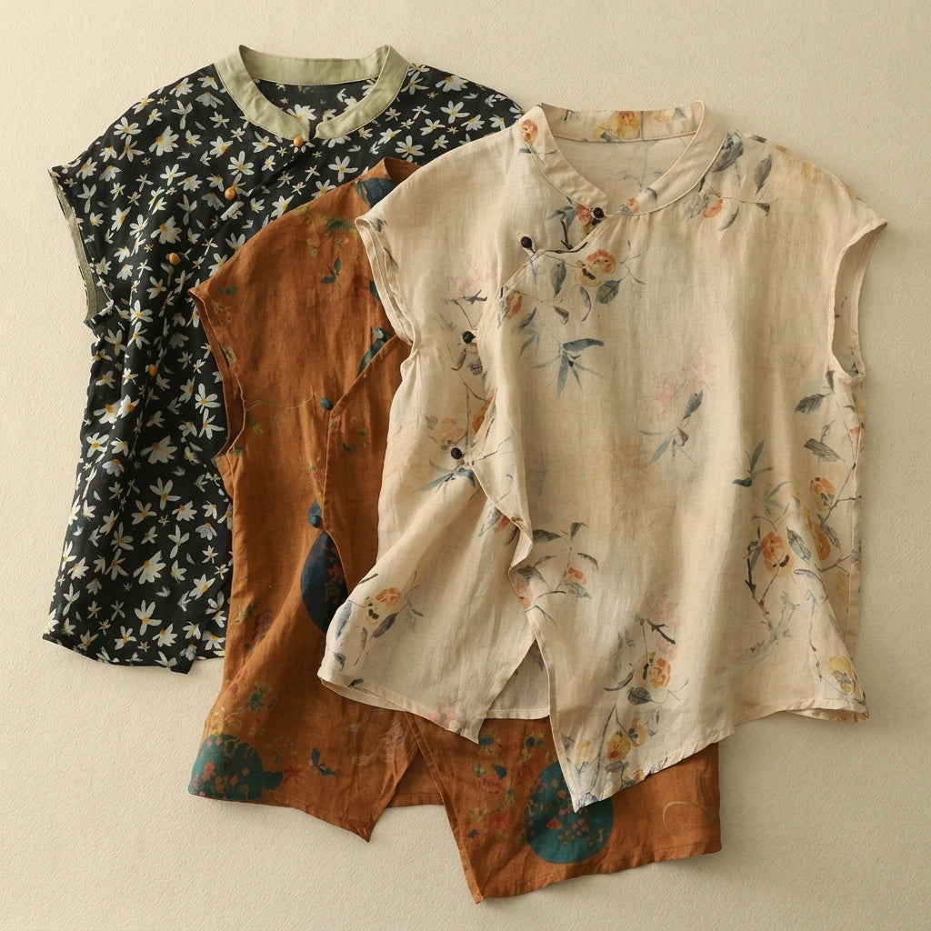 Damen-Bluse mit Stehkragen, asymmetrischer Knopfleiste und floralem Muster-Blouse for women-Alpenkind
