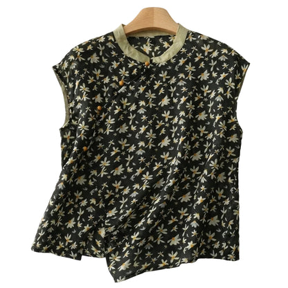 Damen-Bluse mit Stehkragen, asymmetrischer Knopfleiste und floralem Muster-Blouse for women-Alpenkind