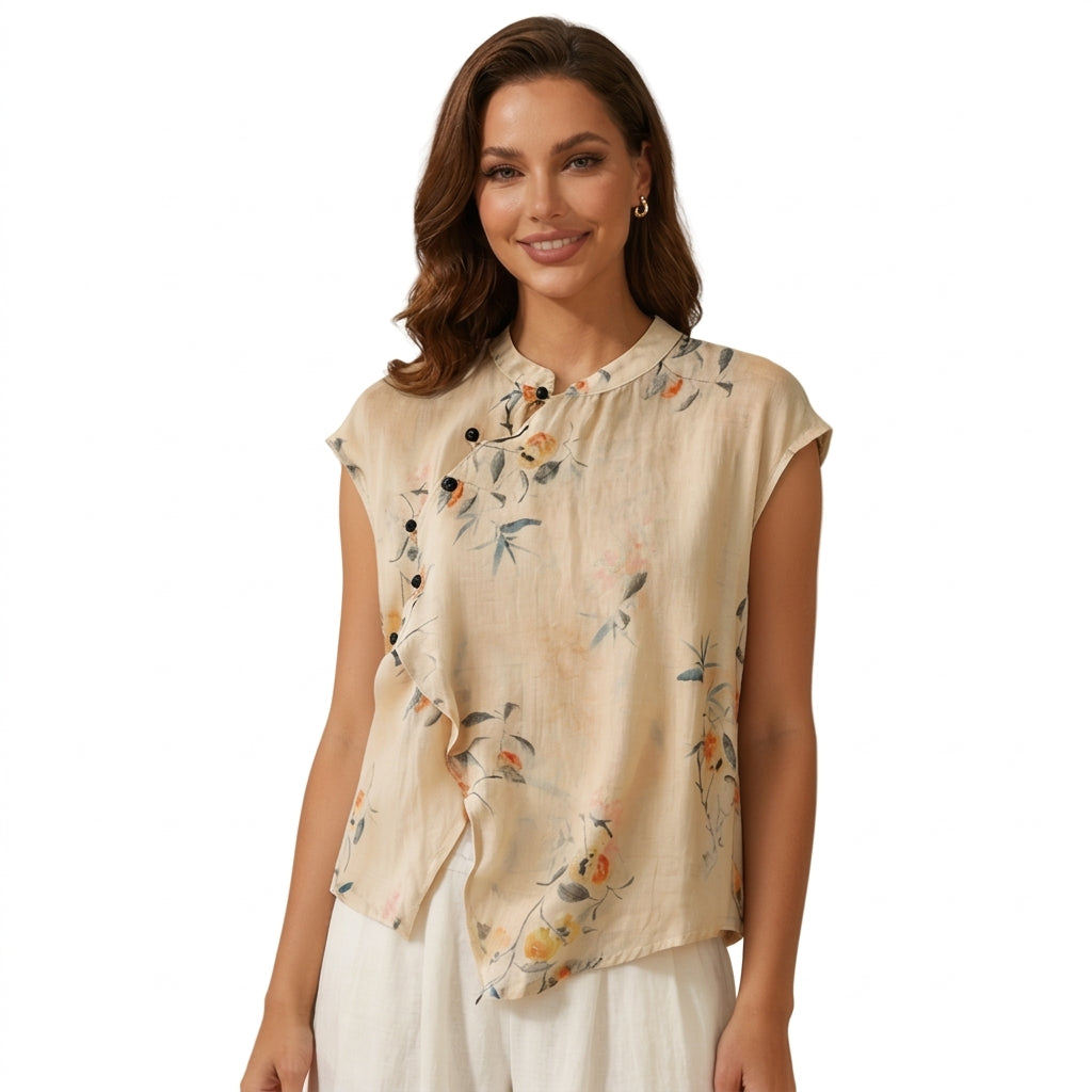Damen-Bluse mit Stehkragen, asymmetrischer Knopfleiste und floralem Muster-Blouse for women-Alpenkind