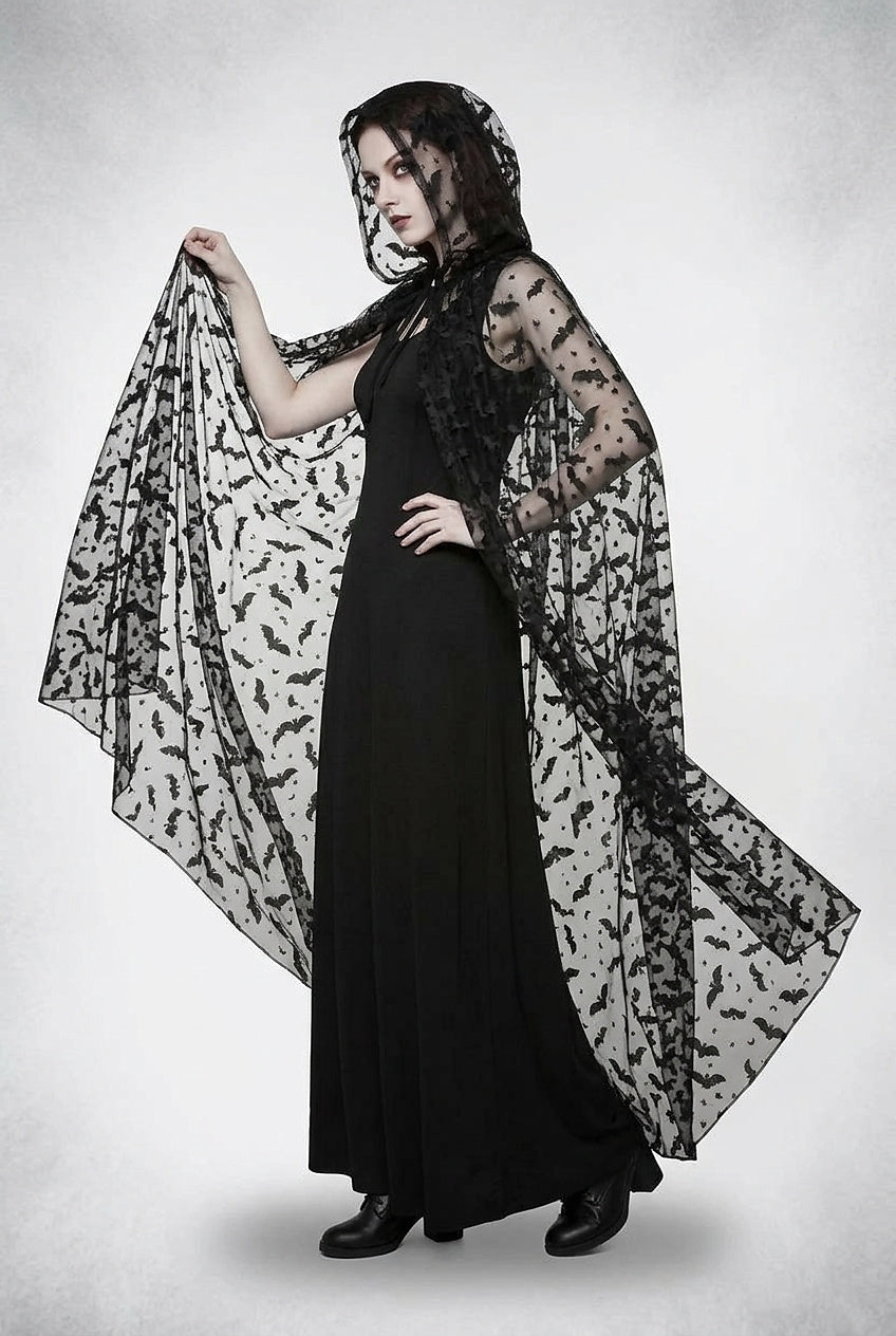 Damen-Cape mit transparentem Fledermaus-Print und Kapuze-Halloween-Alpenkind