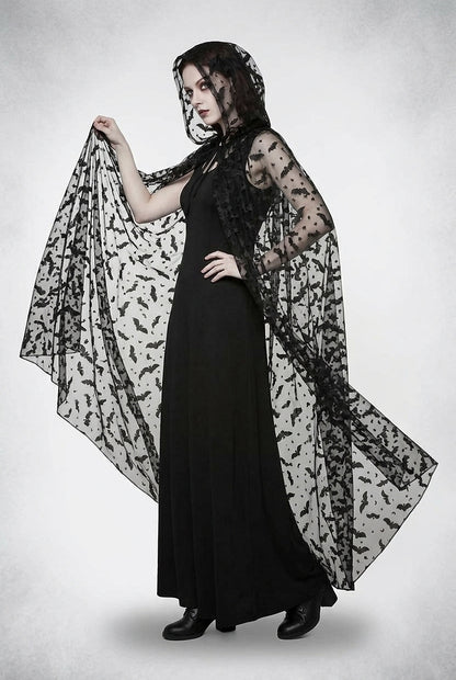 Damen-Cape mit transparentem Fledermaus-Print und Kapuze-Halloween-Alpenkind