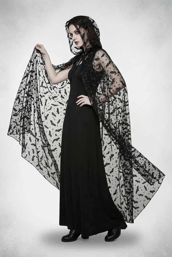 Damen-Cape mit transparentem Fledermaus-Print und Kapuze-Halloween-Alpenkind
